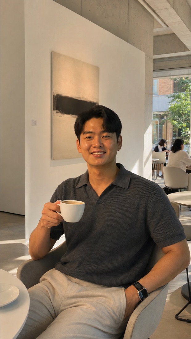 갤러리 카페에서 커피를 마시는 가상 인물