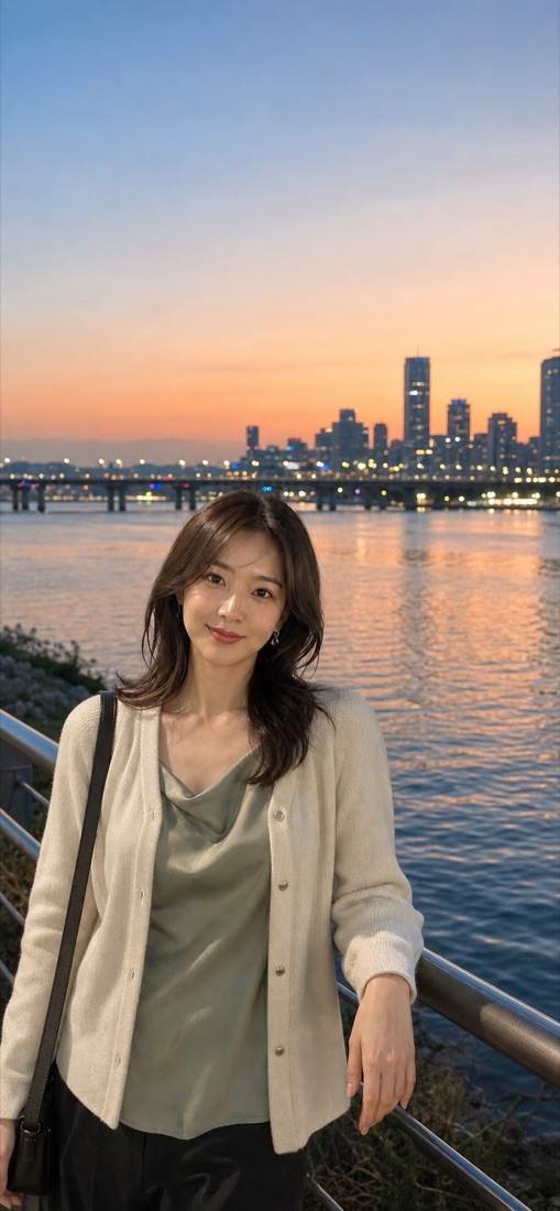 한강의 노을을 즐기는 가상 인물